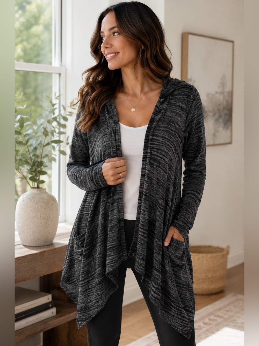 89th & Madison Marled Draped Open Front Cardigan Gray XL